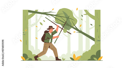 Brave Explorer Navigating Forest Obstacles With Determination And Skillfully Clearing The Path