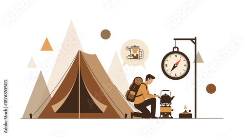 Brewing Coffee At Campsite With Minimalist Mountain View And Compass Flat Illustration