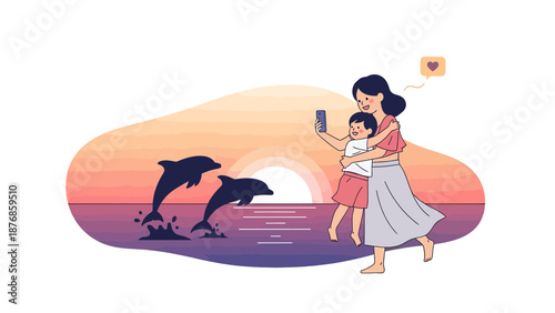 Capturing Seaside Bliss Mother And Child Documenting Dolphin Encounter With Joyful Coastal Selfie