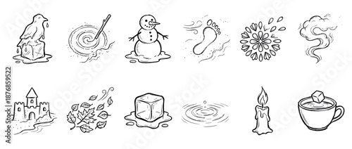 Set of twelve hand-drawn doodle icons depicting various elements and objects like a melting snowman, ice cube, candle, sandcastle, and autumn leaves in a sketch style