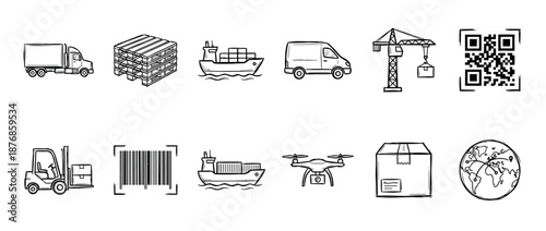 Hand-drawn logistics and shipping icon set featuring a truck, cargo ship, drone, forklift, pallet, barcode, and globe for delivery and transportation concepts in a simple doodle sketch style
