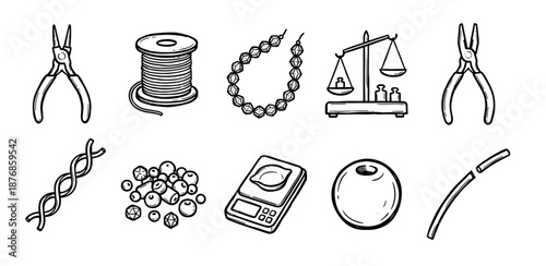 Jewelry making tools and supplies icon set in a hand-drawn doodle style showing pliers, beads, wire, and scales for crafting handmade accessories and hobbies