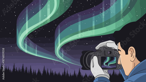 Capturing The Aurora Borealis Beauty With Camera At Night Scenery