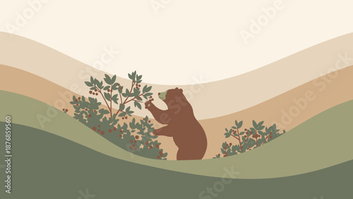 Brown Bear Foraging Berries In A Rolling Landscape With Neutral Color Palettes