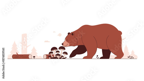Brown Bear Foraging For Fungi In Forest Illustration Graphic Design