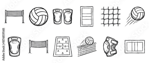 Hand-drawn volleyball sport equipment icon set with ball, net, knee pads, and court diagram in a black and white doodle sketch style for athletic and game concepts