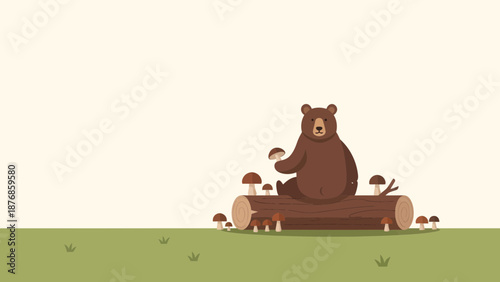Brown Bear Resting On A Log Surrounded By Mushrooms In A Minimalist Style