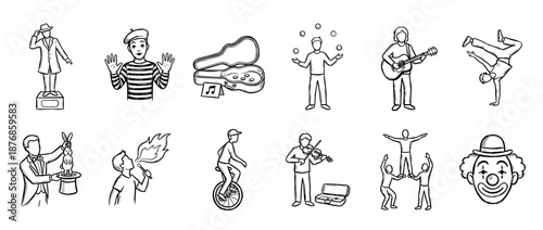 Hand-drawn doodle icons of street artists and performers including a clown, magician, mime, juggler, musician, and acrobat in a simple black and white line art illustration set