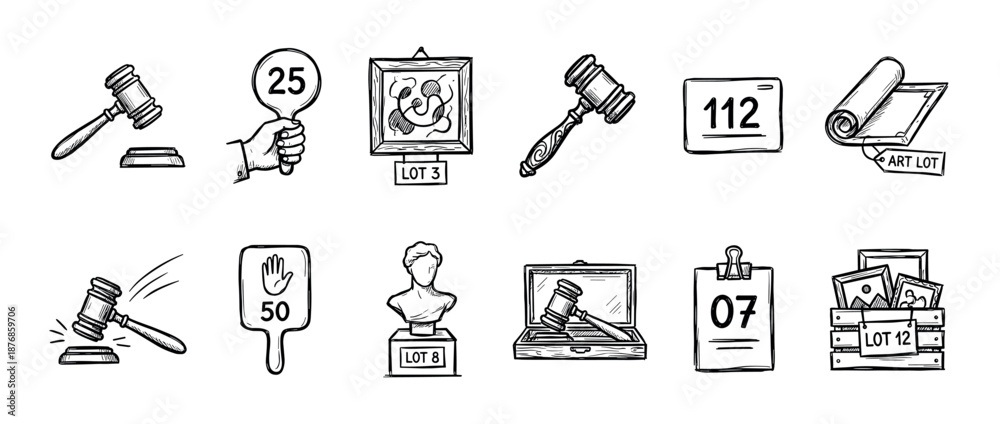 Fototapeta premium Set of hand-drawn auction and bidding icons showing gavels, art lots, antique sculptures, and numbered paddles in a detailed black and white sketch illustration
