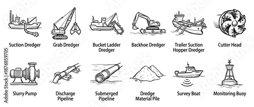 Hand-drawn dredging equipment and machinery icon set showing various types of dredgers, pumps, pipelines, and boats in a detailed black and white sketch illustration style