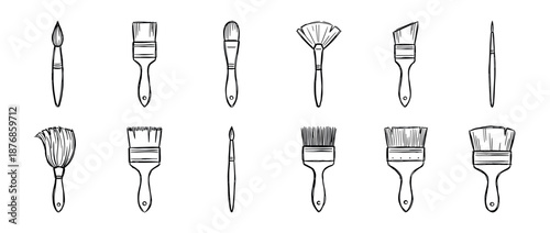 Set of twelve artist paint brushes in a simple black line art doodle style, featuring various shapes and sizes for painting and creative projects