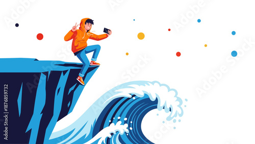 Carefree Youthful Figure Taking Risky Cliffside Selfie Illustration