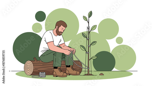 Careful Gardener Securing Young Tree To Support On Rural Green Environment