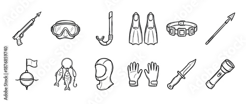 Collection of hand-drawn spearfishing equipment icons including a speargun, mask, snorkel, fins, knife, and flashlight in a black and white doodle vector illustration style