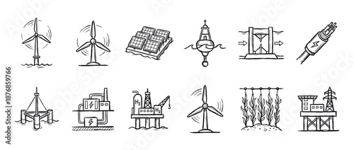 Hand drawn renewable offshore energy icon set featuring wind turbines, floating solar panels, tidal power, and hydrogen production in a simple black and white doodle sketch style