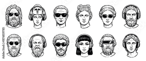 Collection of twelve classical statue heads illustrated in a black and white sketch style, wearing modern sunglasses and listening to music on headphones for a surreal pop art concept