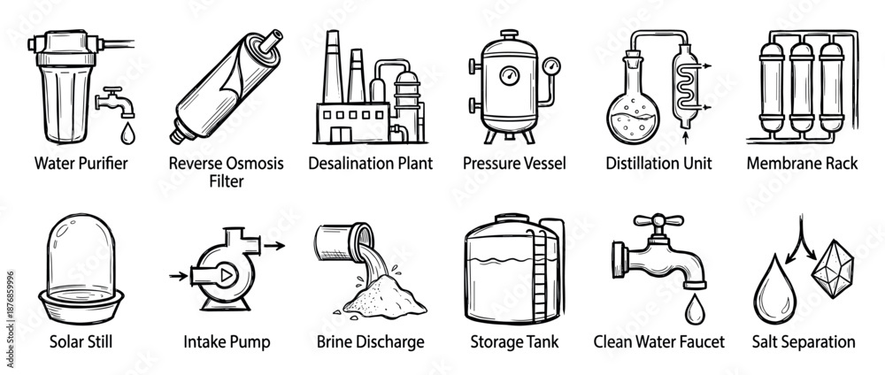 Obraz premium Set of twelve water purification icons showing desalination plant, reverse osmosis filter, and distillation unit in a hand-drawn sketch style for industrial and environmental concepts