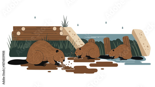 Busy Beavers Constructing A Dam In Flat Vector Illustration Style Design