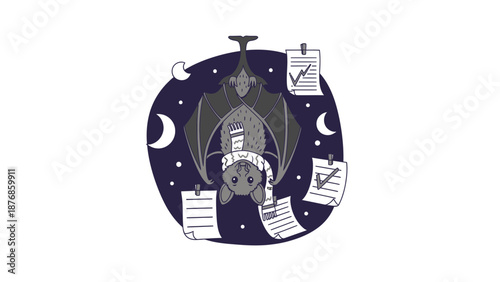 Cartoon Bat Wearing Scarf With Checklists Hanging Upside Down on Night Background