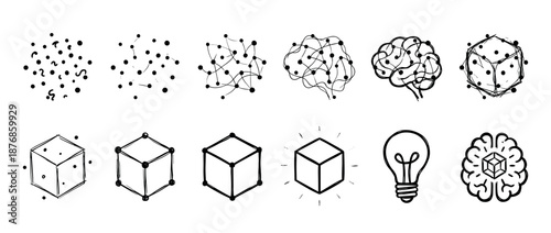 Hand-drawn black and white icons illustrating the process of creative thinking from chaos to a structured idea with brain, cube, and lightbulb symbols in a sketchy doodle style