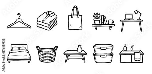 Set of hand-drawn household icons featuring furniture, clothing, and home essentials in a simple black and white doodle style for organization and daily life concepts