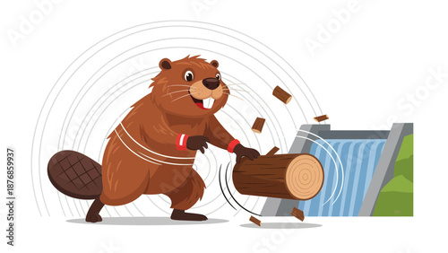 Cartoon Beaver Building A Dam With Logs In The Forest Illustration
