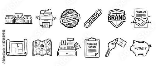 Set of hand-drawn franchise business icons in a doodle style, illustrating key concepts like contract, brand, royalty, training, and store location