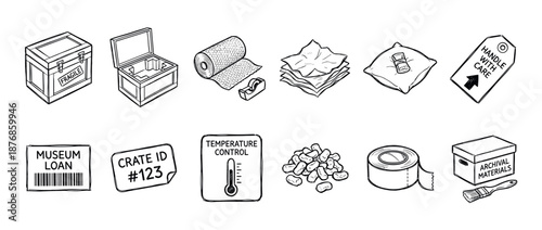 Hand-drawn collection of museum packing icons for fragile art handling, featuring a wooden crate, archival box, shipping labels, and preservation materials in a sketch style