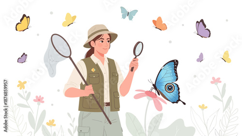 Butterfly Enthusiast Observing Winged Insects With Magnifying Glass And Net On Meadow