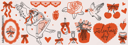 Cute elements decorated with whimsical bows, ribbons and lace. Elegant female cupid playing harp, flowers. Vintage hand drawn line art vector illustrations for wedding or valentine day card invitation