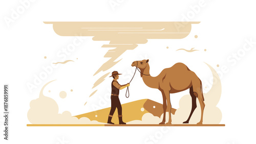 Camel In Desert Walking With A Guide Vector Illustration Isolated