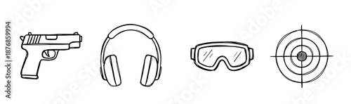 Hand-drawn set of shooting range equipment including a handgun, earmuffs, safety goggles, and a target, illustrated in a simple black and white line art doodle style