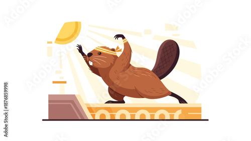 Cartoon Beaver Doing Stretching Gymnastics Exercises in Modern Flat Design