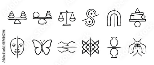Collection of hand-drawn black sketch icons representing balance, harmony, psychology, and spirituality, featuring symbols like scales, a butterfly, and abstract spiritual signs