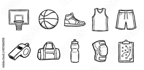 Set of hand-drawn basketball equipment icons including a ball, hoop, jersey, shorts, and sneaker in a black and white doodle style for sports and athletic concepts