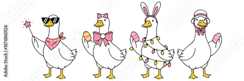 Four happy geese dressed for easter with eggs bunny ears, and party lights