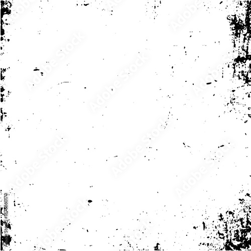 Grunge frame overlay with distressed borders and scattered black ink spots on a transparent background
