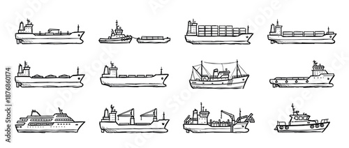 Collection of various hand-drawn ships and boats in a simple sketch style, featuring a cargo ship, container vessel, tugboat, fishing trawler, and cruise liner for maritime concepts