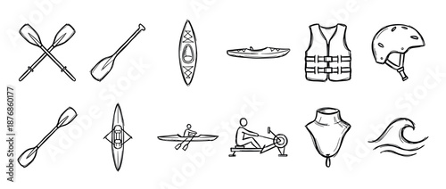Hand-drawn set of kayaking and rowing equipment icons including a boat, paddles, life vest, helmet, spray skirt, and rowing machine in a simple black and white sketch style