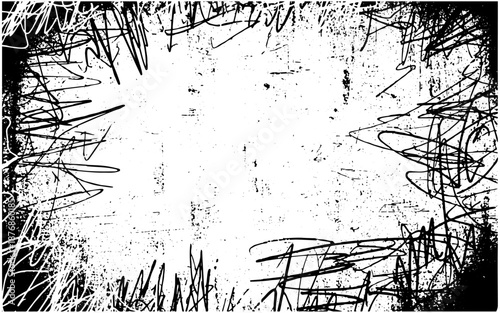Grungy black and white scribbled frame on transparent background border