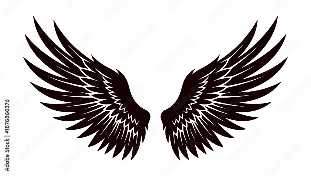 Fototapeta premium Soaring black wings icon with curved tips and dense plumage for decorative emblem graphic