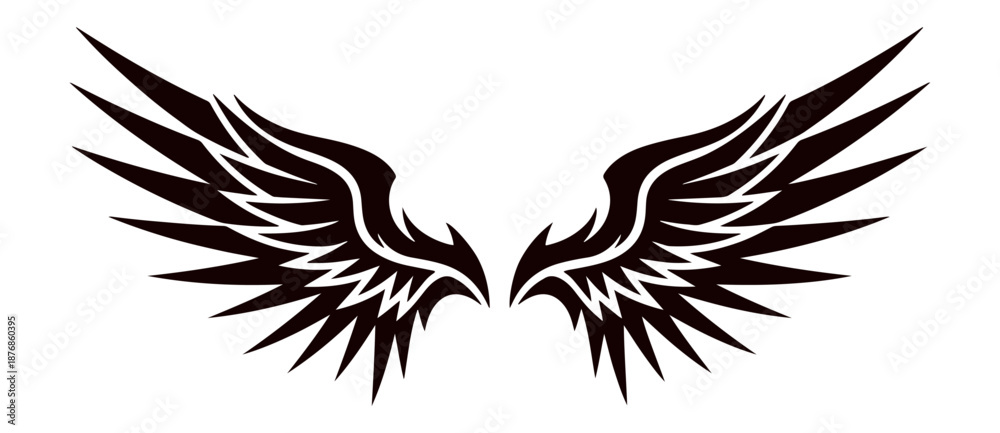 Obraz premium Tribal style black wings tattoo design with sharp edges and stylized feathers vector art