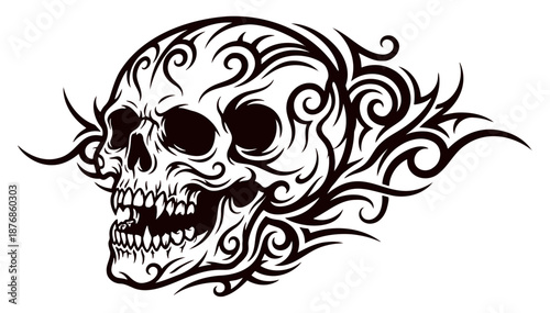 Intricate tribal tattoo design featuring a human skull with detailed swirling motifs