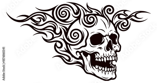 Side view of a human skull covered in expressive, swirling tribal patterns representing motion