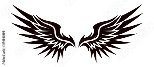 Tribal style black wings tattoo design with sharp edges and stylized feathers vector art