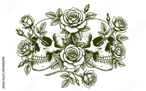 Three human skulls entwined with thorny roses and green leafy vines, detailed artwork