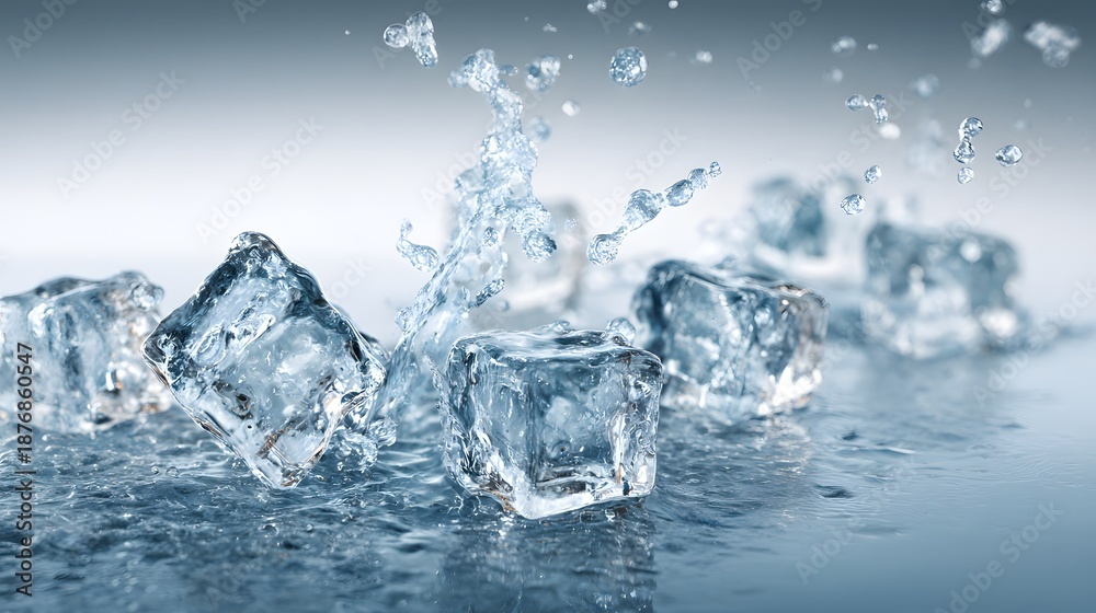 Obraz premium Dynamic Water Splash with Ice Cubes on a Light Gradient Background