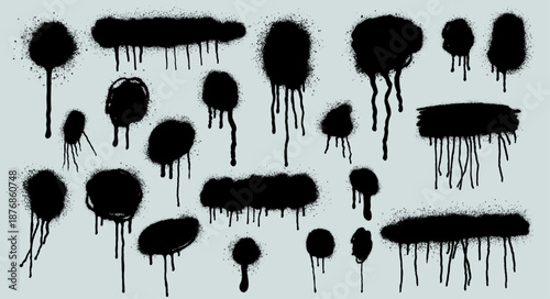 Spray paint graffiti blots, dots, ink splashes set. Circles with drips, spray effect for urban street art design. Hand drawn rough ink splashes with grain texture, small paint blots vector collection