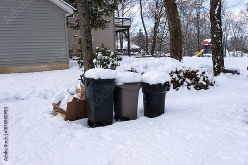 trash cans and woodpile covered with snow in winter