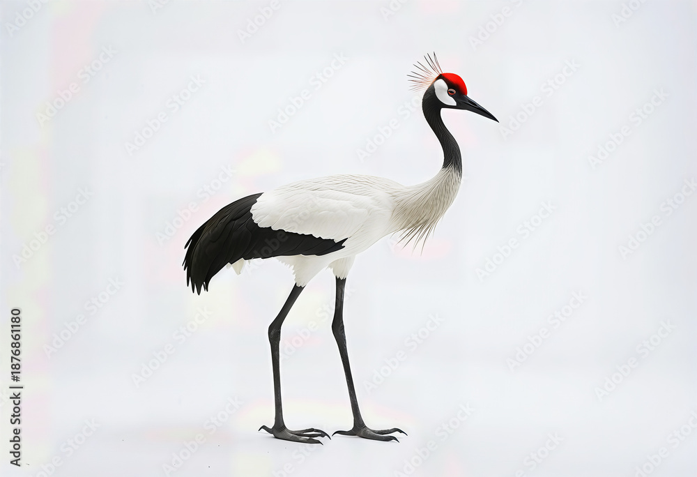Fototapeta premium Red-crowned Crane stands on white background, Grus japonensis, long legs, elegant, Japanese aesthetics